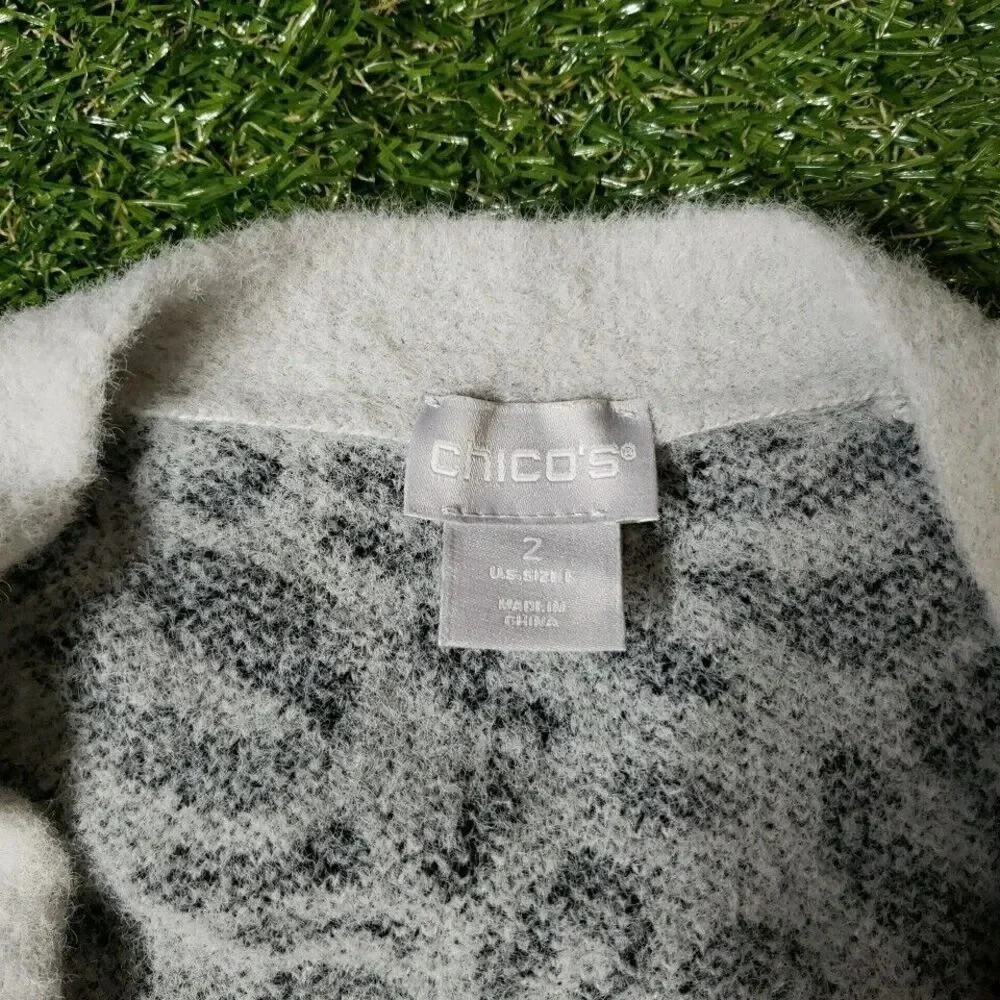 Chico's Snow Leopard Print Cardigan 2 Pockets Fuzzy Longline Knit Sweater - Picture 4 of 6
